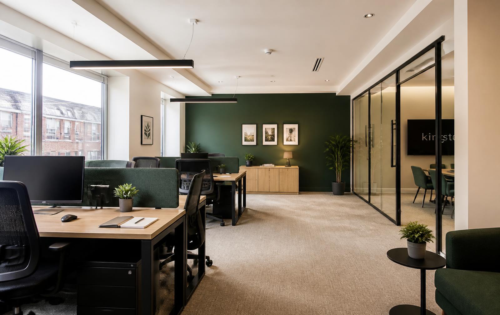 Completed office fit out with desks, task seating and a green feature wall